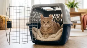 un chat dans sa cage pour l'article Que faut-il savoir avant d’adopter un chat ?